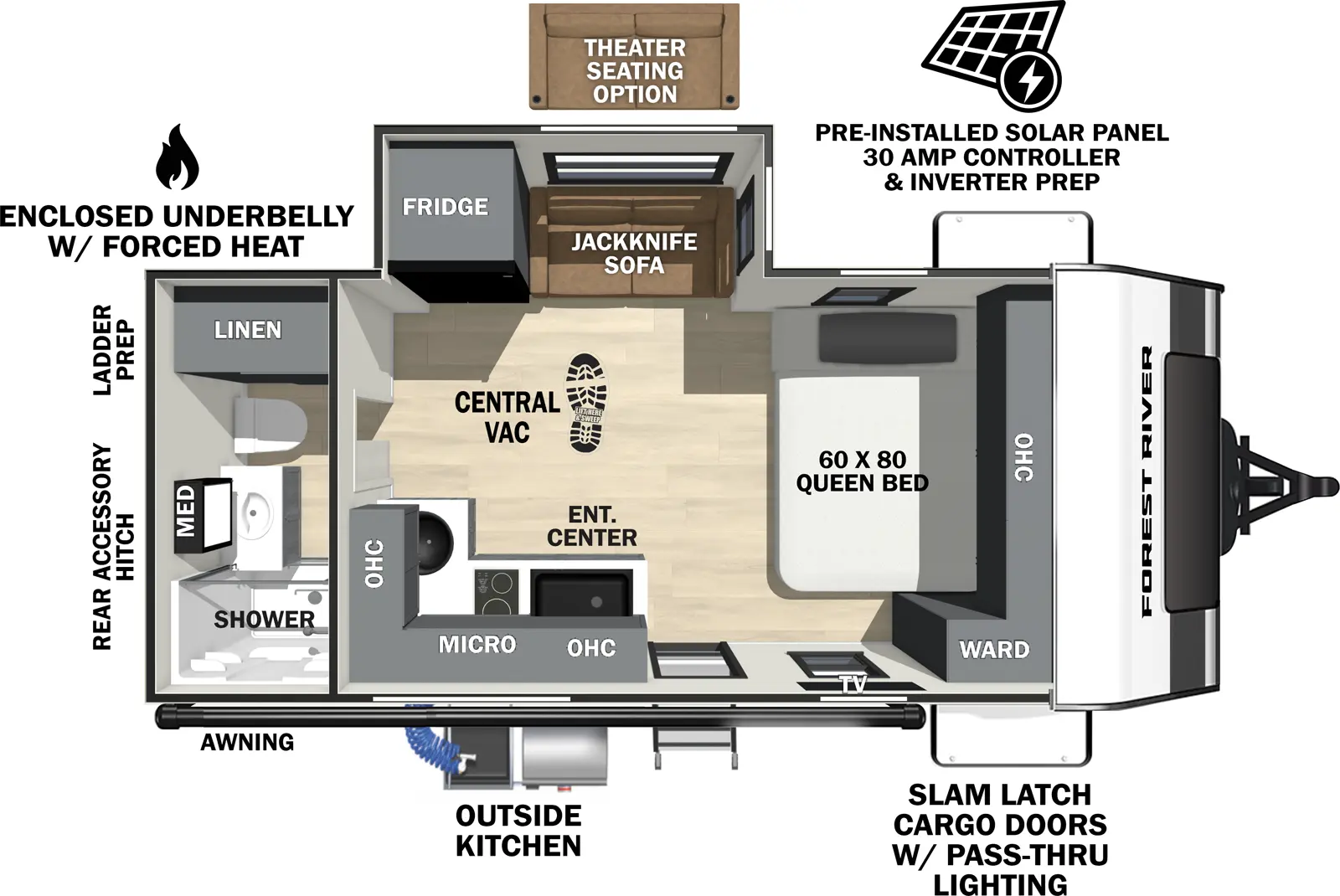 The Ibex 16MKS floorplan has one entry and one slide out. Exterior features include: fiberglass exterior, 13' awning and outside kitchen. Interiors features include: front bedroom and rear bathroom.